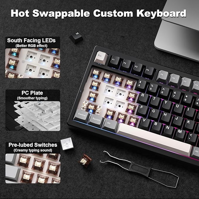 YUNZII IF99 Wireless Mechanical Gaming Keyboard with Smart LCD Display, QMK/VIA Programmable BT/2.4G/USB-C Gasket Mounted Hot Swap RGB 96% Layout for Mac/Win (Black, Cocoa Cream V2 Switch)