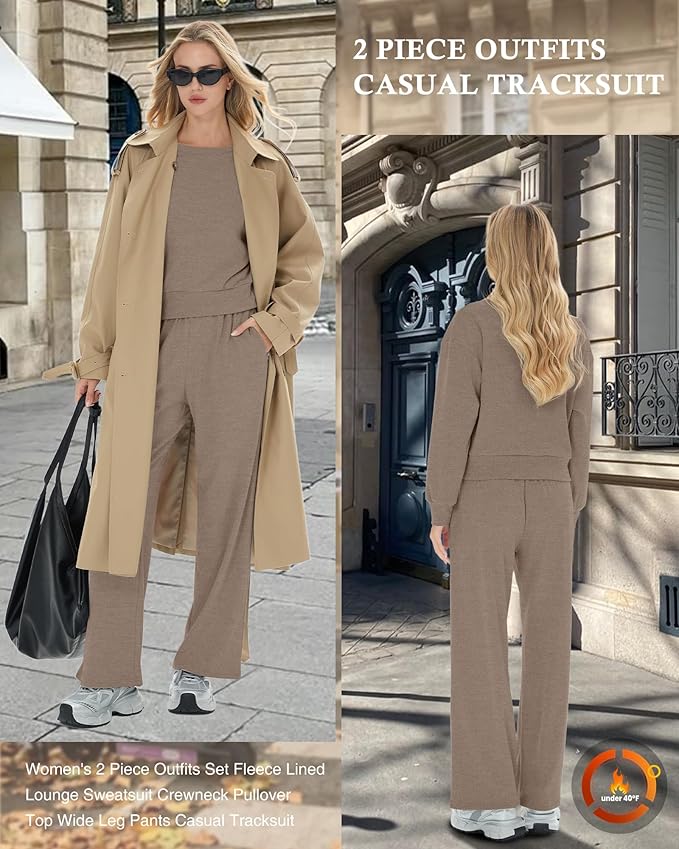 Sweetyweee Women's 2 Piece Outfits Set Fleece Lined Lounge Sweatsuit Crewneck Pullover Top Wide Leg Pants Casual Tracksuit