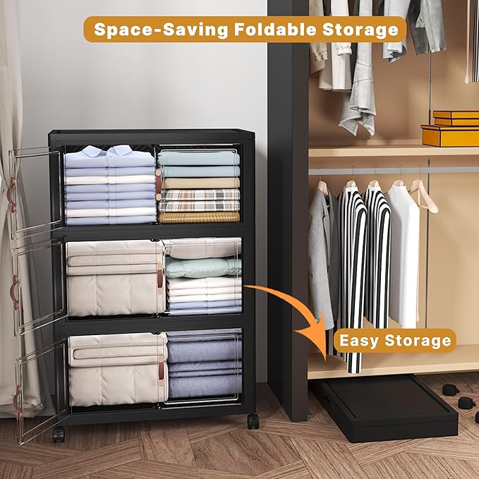 360Qt Stackable Storage Bins with Lids, 3 Pack Large Collapsible Bins with Wheels, Plastic Cabinet with Doors, Foldable Closet Organizers and Storage for Home, Dorm, Office, Black