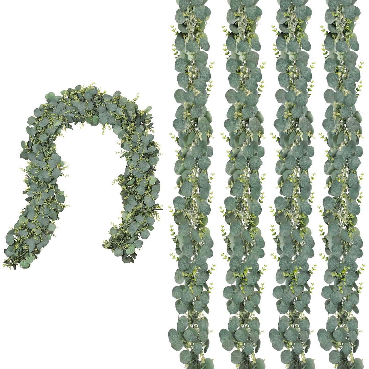 CQURE 4 Pack 5.9ft Eucalyptus Garland, Artificial Eucalyptus Leaves Spring Garland Fake Silver Dollar Greenery Wreath Vines for Wedding Table Party Mantle Bedroom Wall Room Decor
