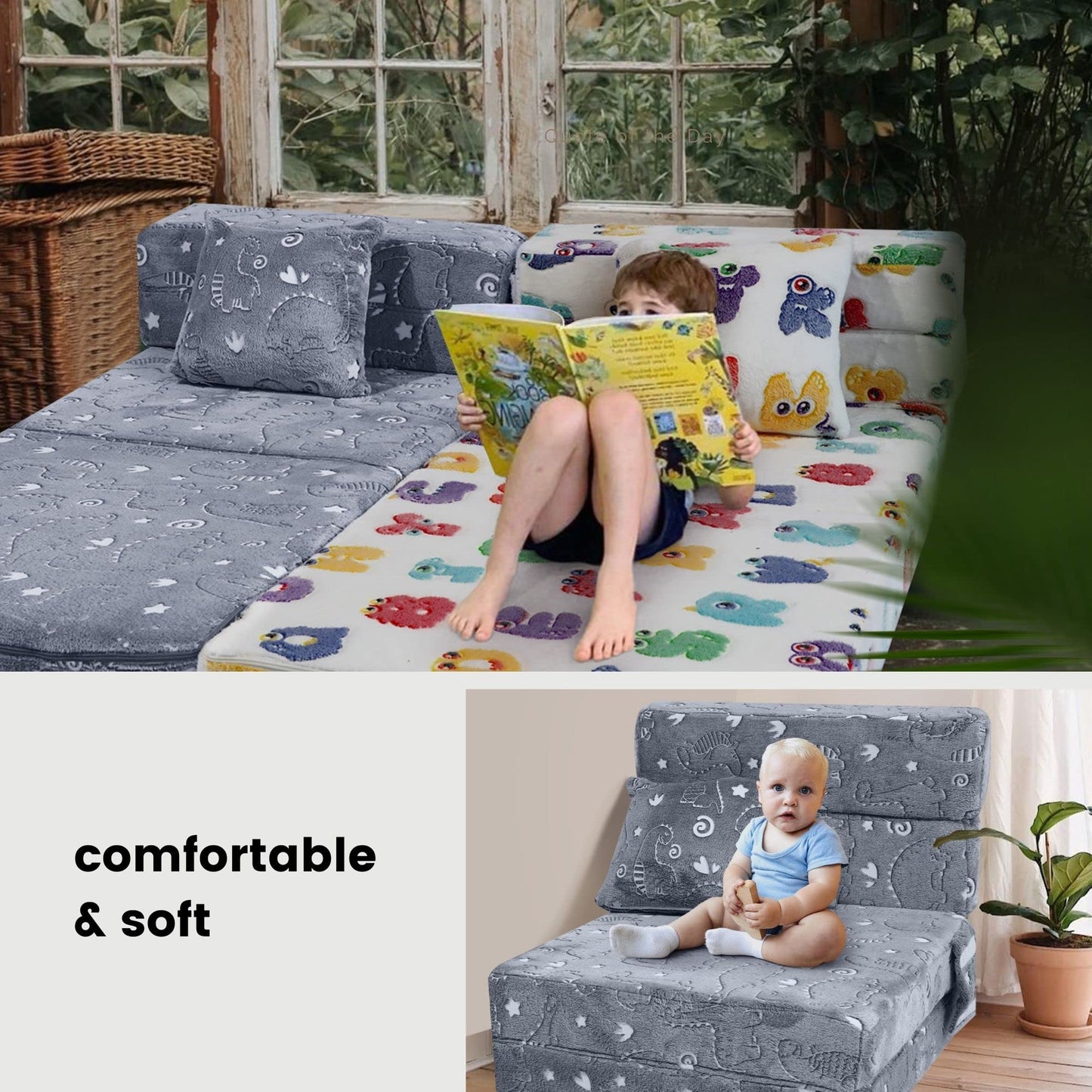 MeMoreCool Kids Floor Mattress Glow in The Dark, Convertible Sofa Couch, Folding Futon Chair Bed Sleeper for Baby Playroom (Glowing Dinosaur)