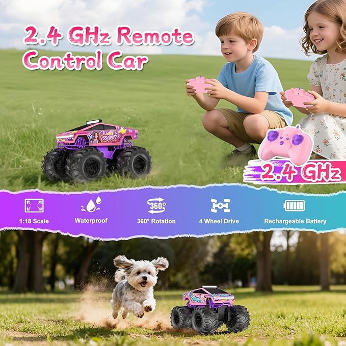 Amphibious Remote Control Car, 1:18 Pink Monster Truck Toys for Girls RC Cars, 2.4 GHz Waterproof RC Trucks, 4WD All Terrain Off-Road Pickup, Girls Christmas Birthday Gifts Presents Kids Toys Ages 6+