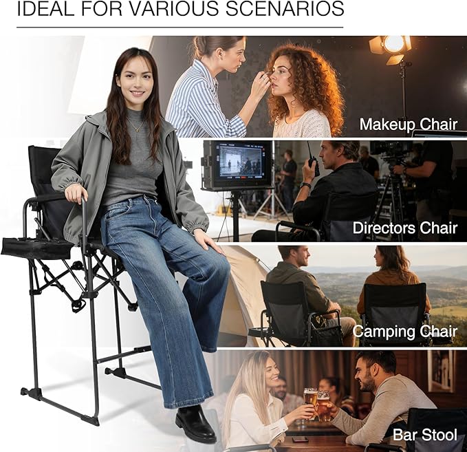 Stonehomy Portable 29" Seat Height Tall Folding Camping Chair High Foldable Directors Chair Bar Height Stool with Side Table and Storage Bag for Makeup Artist, Lawn,Craft Show,Supports 350LBS Black