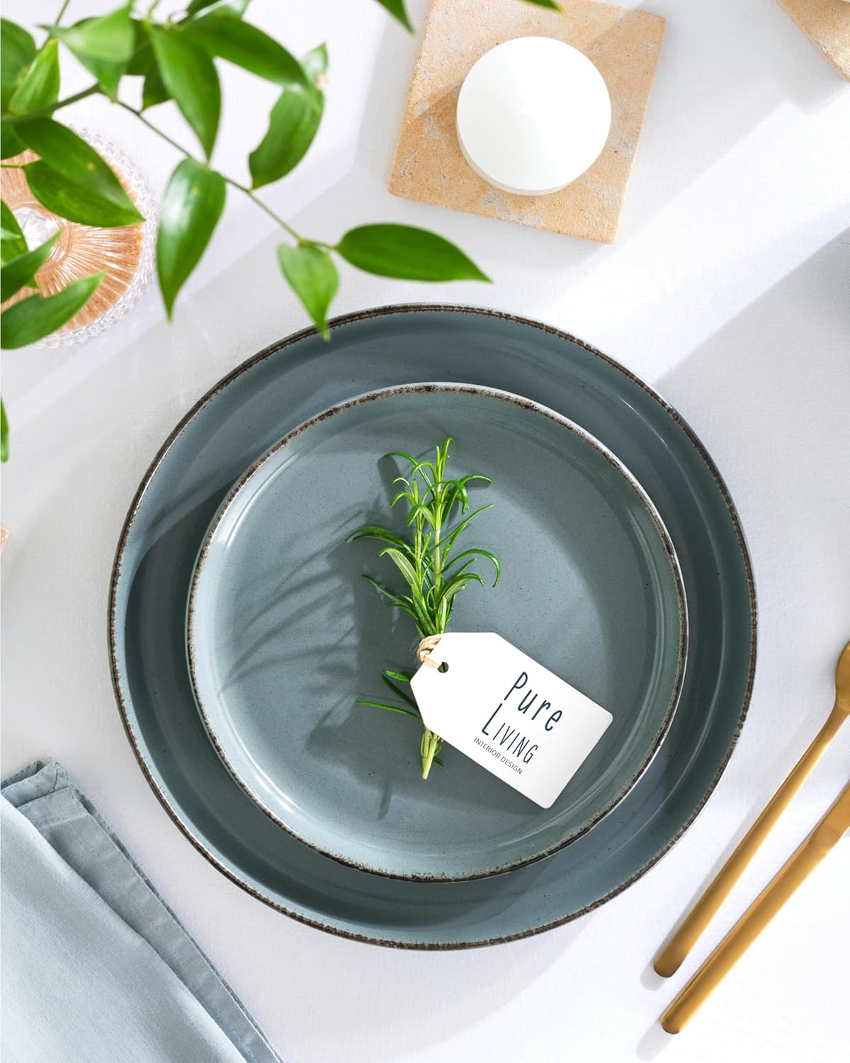 Stoneware dinnerware set 8 persons Rustic 32 pcs - Rustic design dinnerware set, dishwasher safe - Bowl and plate set - Pure Living dinnerware in smoky blue…