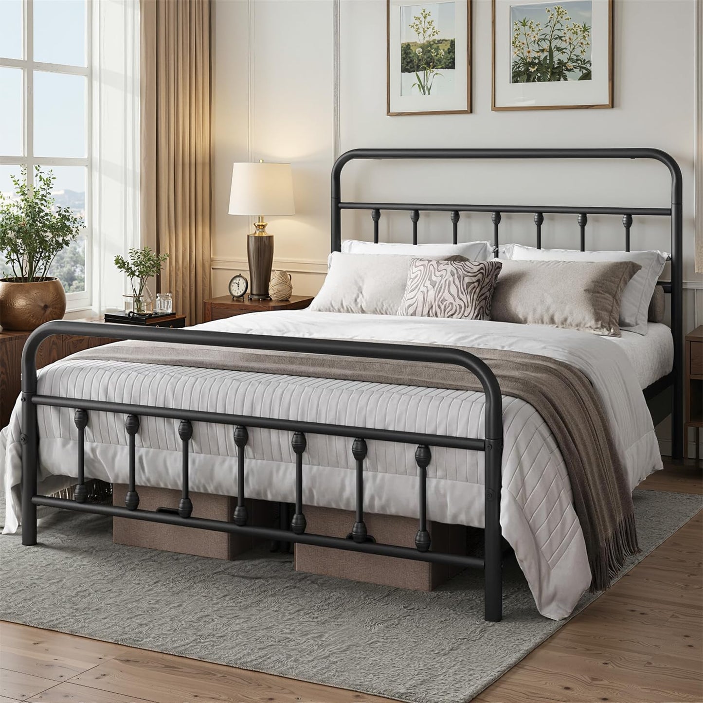 Chuangshuo Guard Queen Bed Frame-Classic Metal Platform Bed Frame Mattress Foundation with Victorian Style Iron-Art Headboard/Footboard/Storage Space/No Box Spring Needed/Black