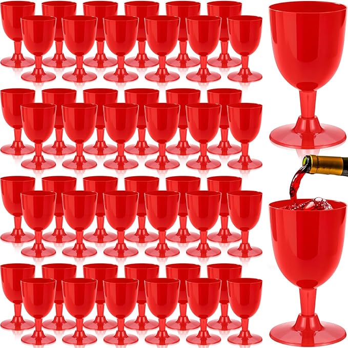 Mimorou 50 Pcs Red Plastic Wine Glasses, 5.4 oz Small Goblets with Stem for Valentine's Day, Unbreakable Plastic Drinking ...