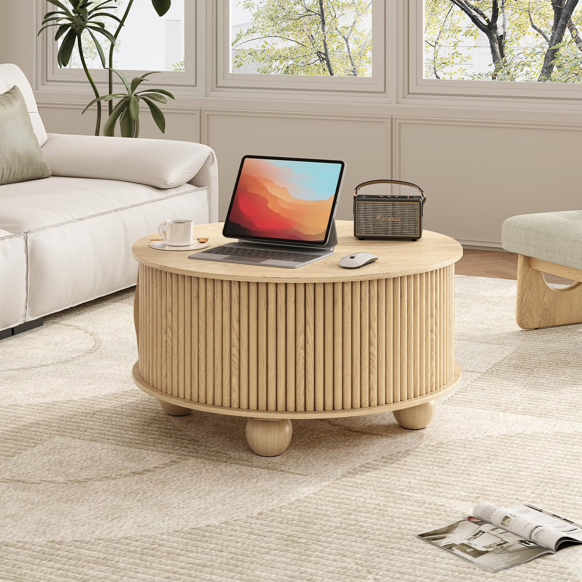JOINICE,Round Coffee Table with Storage,Fluted Lift Up Coffee Table with Sliding Door,31.5" Drum Center Table with Bun Feet for Living Room,Home Small Space,Oak