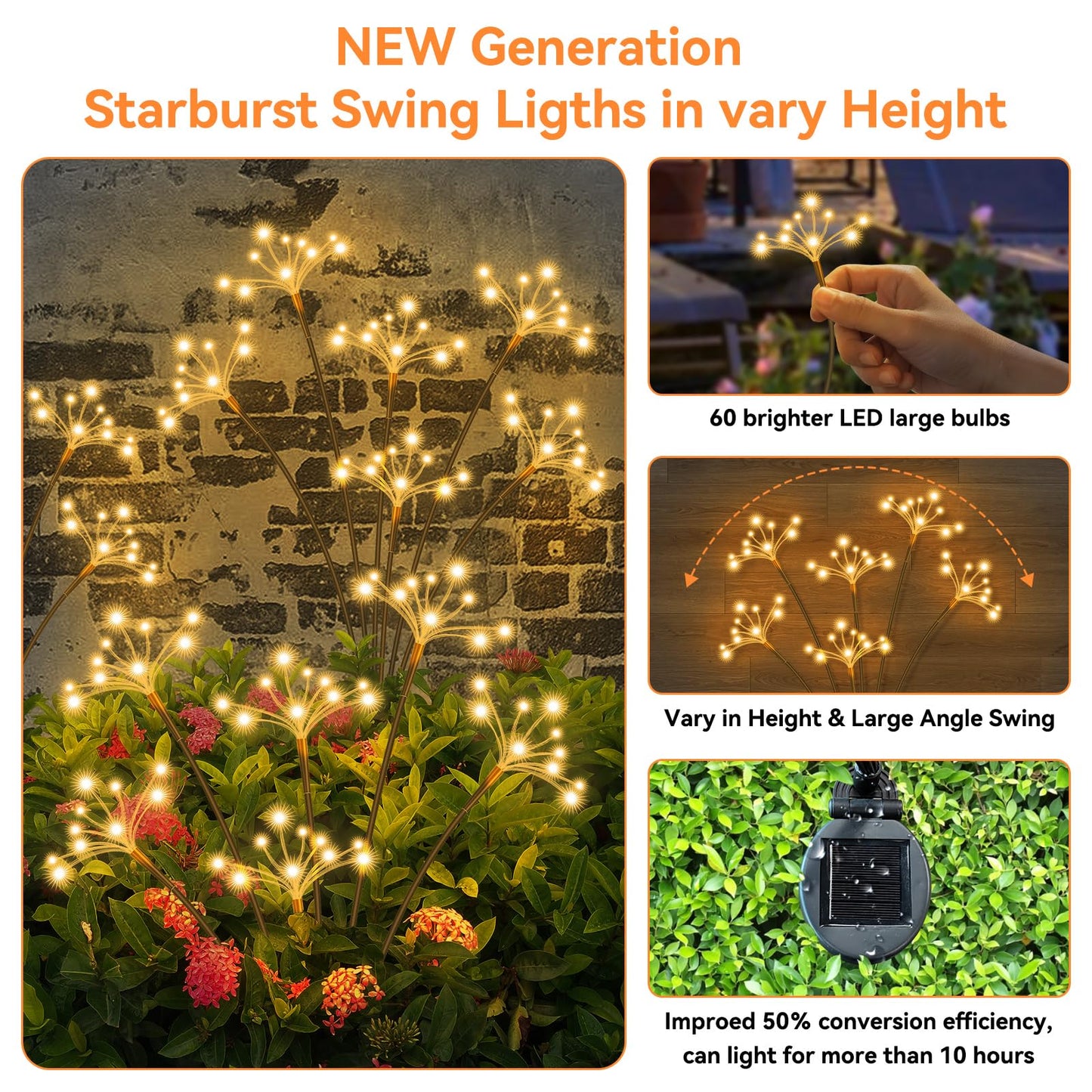 Solar Garden Lights 6 Pack Waterproof Solar Swaying Starburst Light Outdoor Lights for Yard Patio Walkway Pathway Party Wedding Christmas Decorative, Warm White