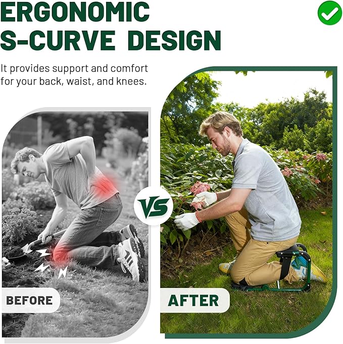 H-OMMEASSY Garden Kneeler and Seat, Foldable Gardener Stool with Soft Kneeling Pad, Ergonomic Knee Seat for Gardening Farm Work, Multifunctional Gardening Gifts for Women Mom Men Seniors