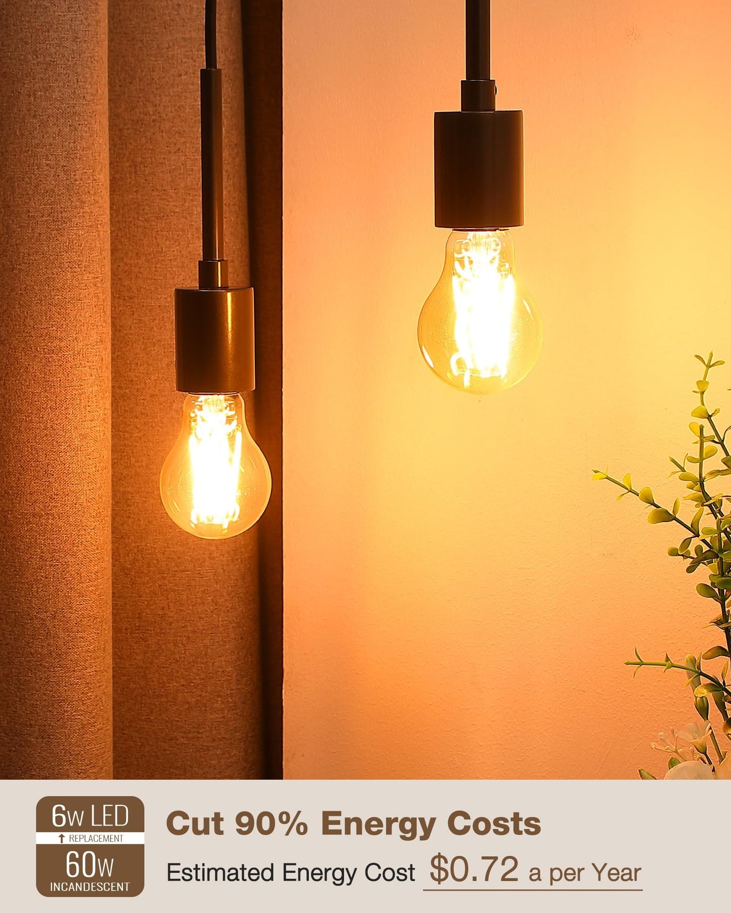 Lafoy A19 E26 Amber Light Bulbs 2200K Soft Warm, Vintage LED Edison Bulbs 60 Watt Equivalent, Dimmable Antique Old-Fashioned Style 60W Replacement, 550 Lumen Medium Base Lightbulbs, 120V 6 Pack