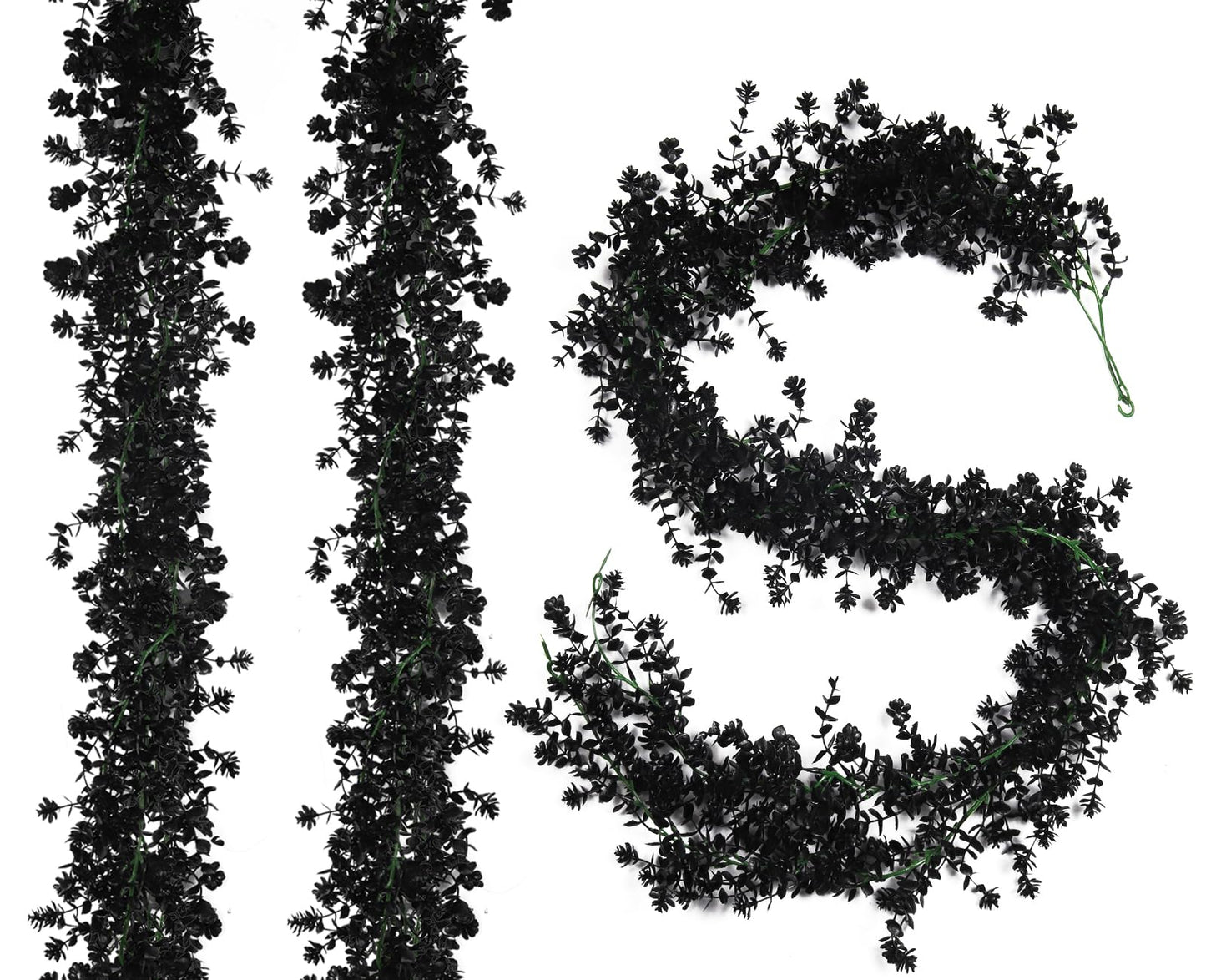 RECUTMS Black Artificial Flowers Black Eucalyptus Garlands Halloween Garland Black Leaf Garland with Flowers Fake Floral Greenery for Halloween Party Decor Home Backdrop Wall Fall Decor(Black)