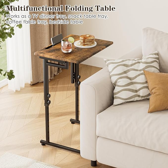 Fleecy day Adjustable Folding TV Tray Table,TV Dinner Small Foldable C-Shaped End Table for Eating,6 Height Adjustable Slide Under Couch Side with Sturdy MDF Top,No Assembly(Brown,2Pcs)