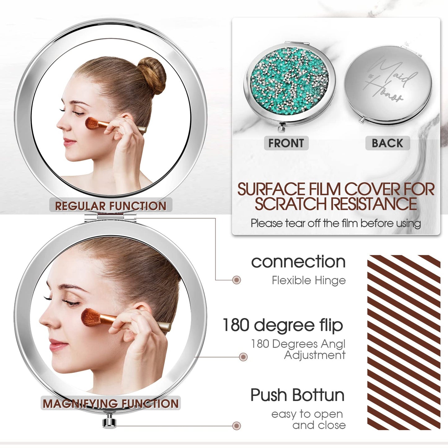 Roowest 8 Pcs Bridesmaid Compact Mirrors Bulk Magnifying Makeup Bridesmaid Gifts Set Double Sided for Purse Pocket for Bridal Sh