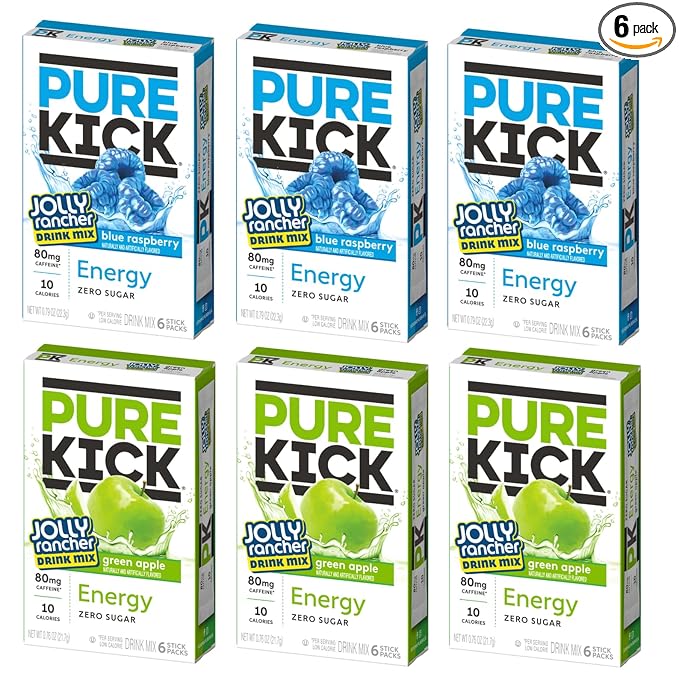 Pure Kick Singles To Go, Jolly Rancher Energy Drink Mix, Variety Pack, 3 Boxes Blue Raspberry 3 Boxes Green Apple (36 Sing...