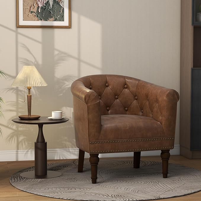 UIXE PU Leather Barrel Accent Chair, Modern Club Chair Upholstered Armchair for Living Room, Nailed Trim Arm Chair Comfy Single Sofa Bedroom Reading Seat, Brown
