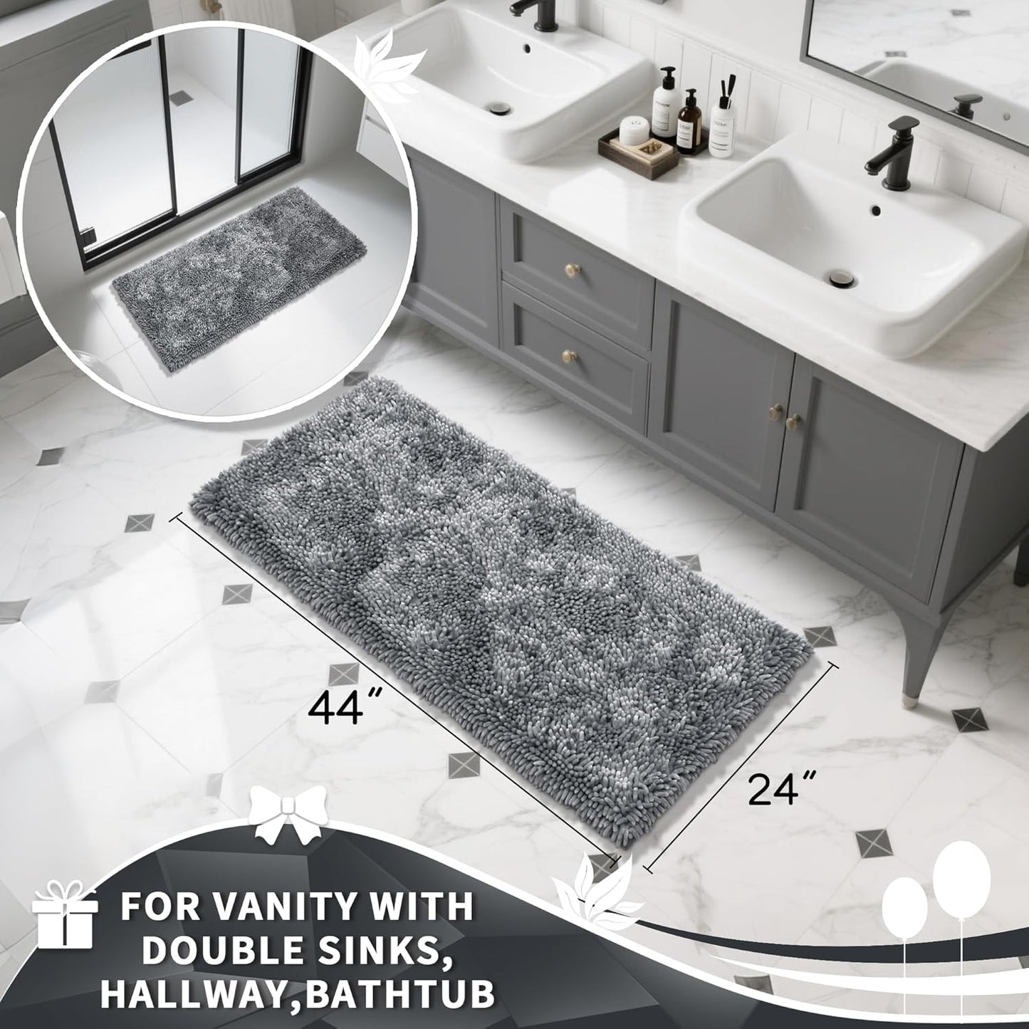 Yimobra Luxury Chenille Bathroom Rug Mat, Extra Soft and Absorbent Shaggy Bath Rugs Non Slip, Machine Washble Dry, Plush Floor Carpet for Tub, Shower, and Bath Room, 36x24 Inch, Silver