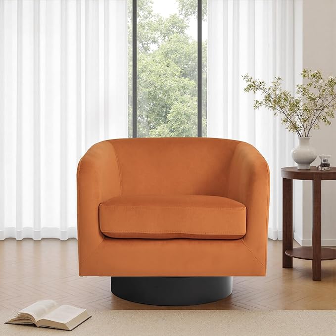 UIXE Swivel Barrel Accent Chairs Set of 2, Velvet Upholstered Armchair Modern Round Club Arm Chair for Living Room, Comfy Single Sofa Seating Bedroom Side Reading Seat for Home Office - Orange