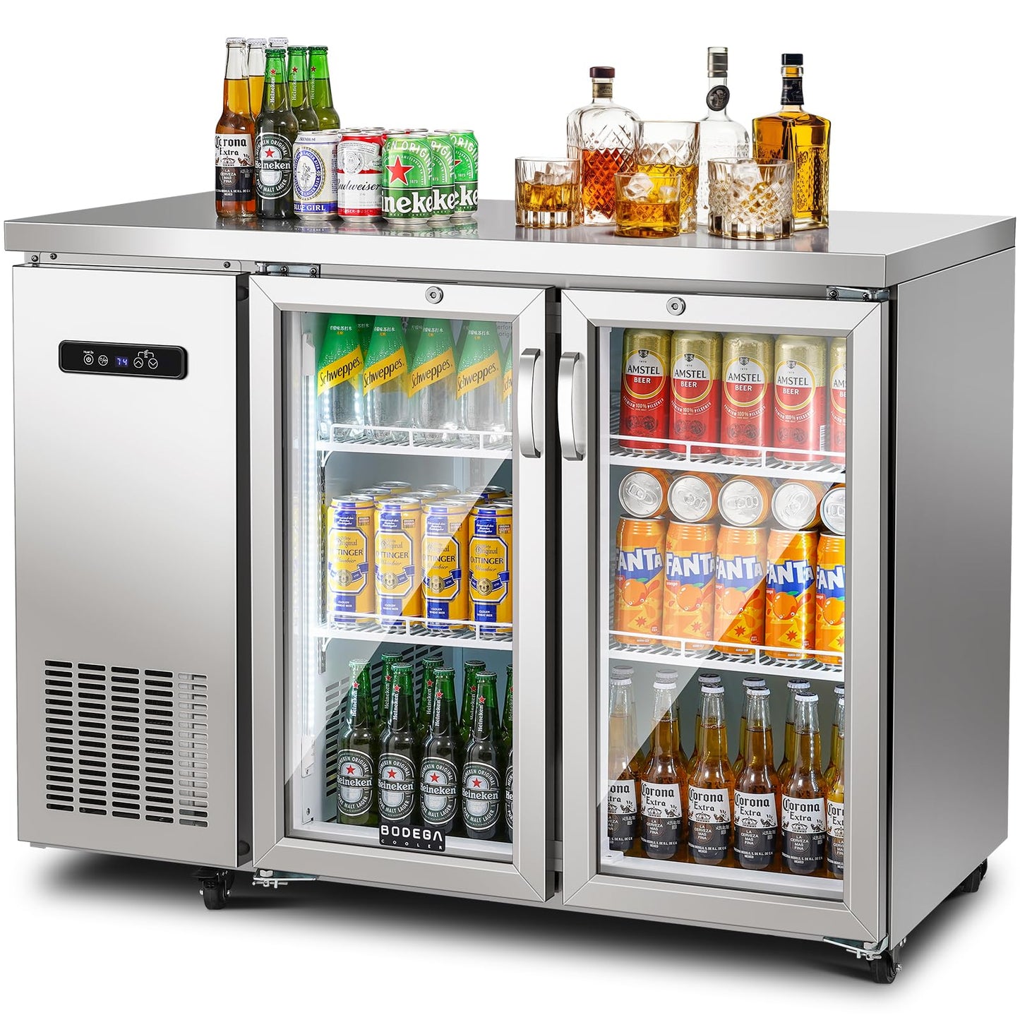 BODEGACOOLER Commercial Cooler with 2 Glass Doors, 12 Cu.Ft Stainless Steel Counter Height Back Bar Refrigerator, Beverage Display Fridge for Soda, LED Lighting, SUS304