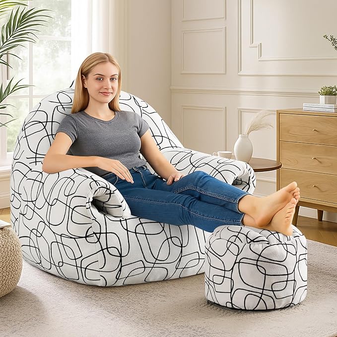 Peace nest Bean Bag Chair with Memory Foam Filled Ultra Soft Jacquard Pattern Cover for Adults Comfy Fur Bean Bag Chairs with Armrests Ottoman for Bedroom Living Room Office Dorm Reading Lines