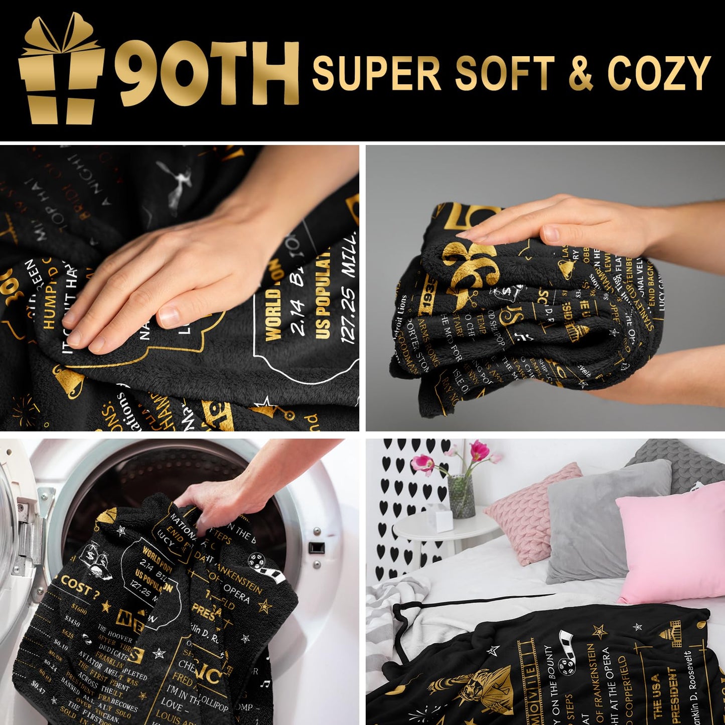 Neuturs 90th Birthday Blanket Gifts for Women Men, 90th Birthday Decorations for Women Men, Best 1935 Gifts for 90 Year Old Woman Man, Happy 90 Birthday Gift Ideas Decorations Blanket 60"X50"