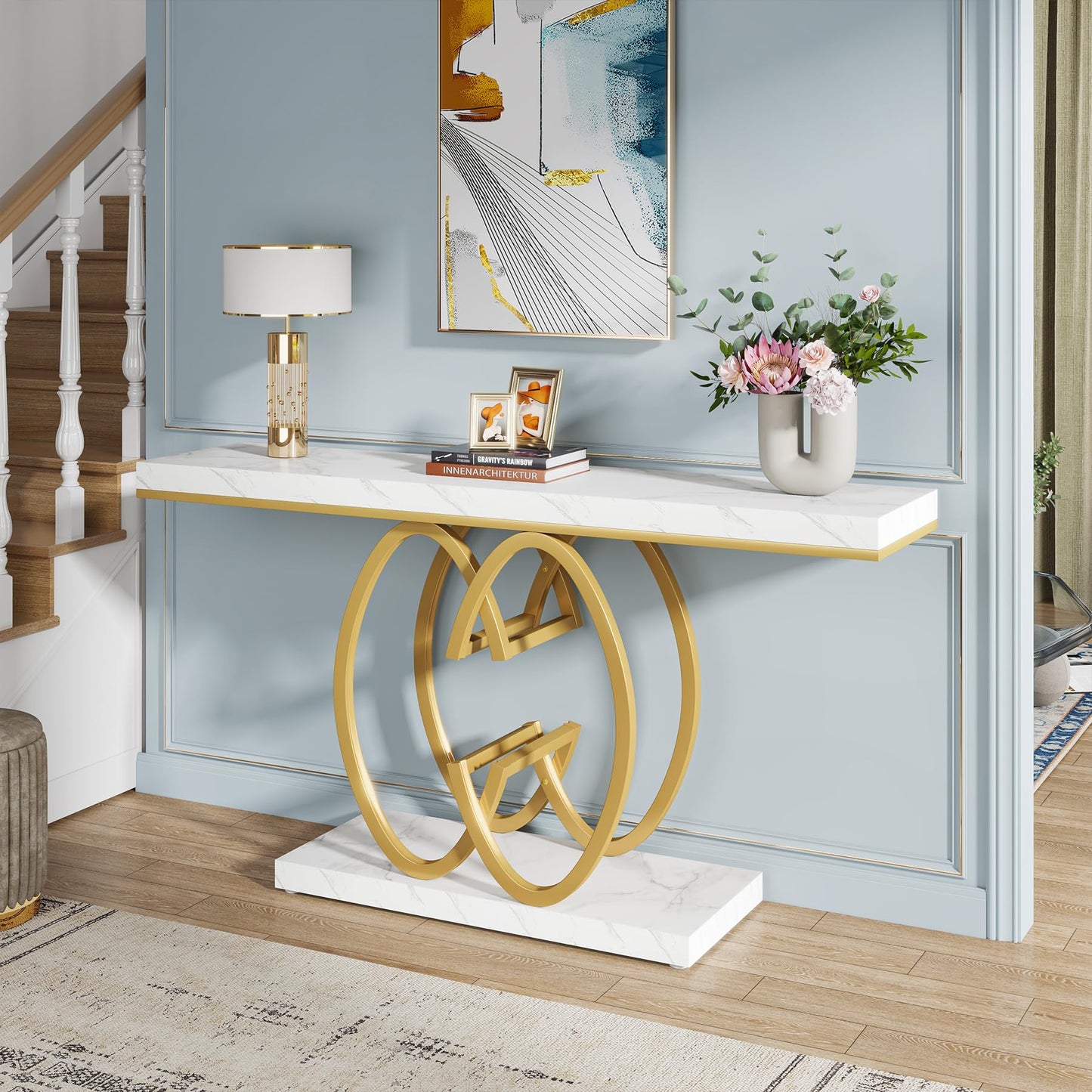 Tribesigns 55 Inch Console Table for Hallway, Faux Marble Gold Entryway Table with Geometric Metal Base, Modern Narrow Sofa Accent Table for Entrance, Living Room, Foyer (White & Gold)