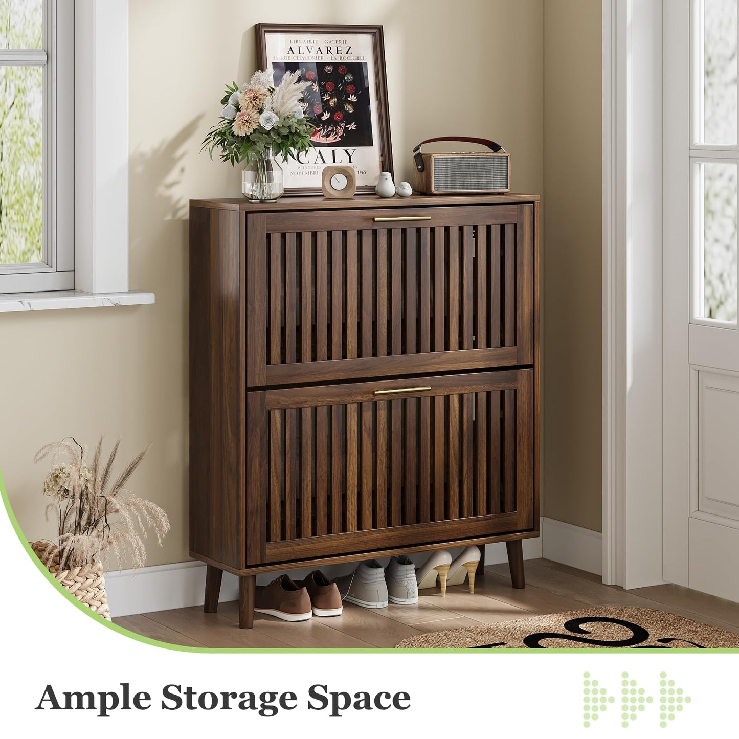 Shoe Cabinet, Shoe Storage Cabinet with Louvered 2 Flip Drawers, Narrow Shoe Cabinet Storage for Entryway, Freestanding Shoe Organizer Cabinet with Golden Handles, Slim Shoe Rack Cabinet (Walnut)