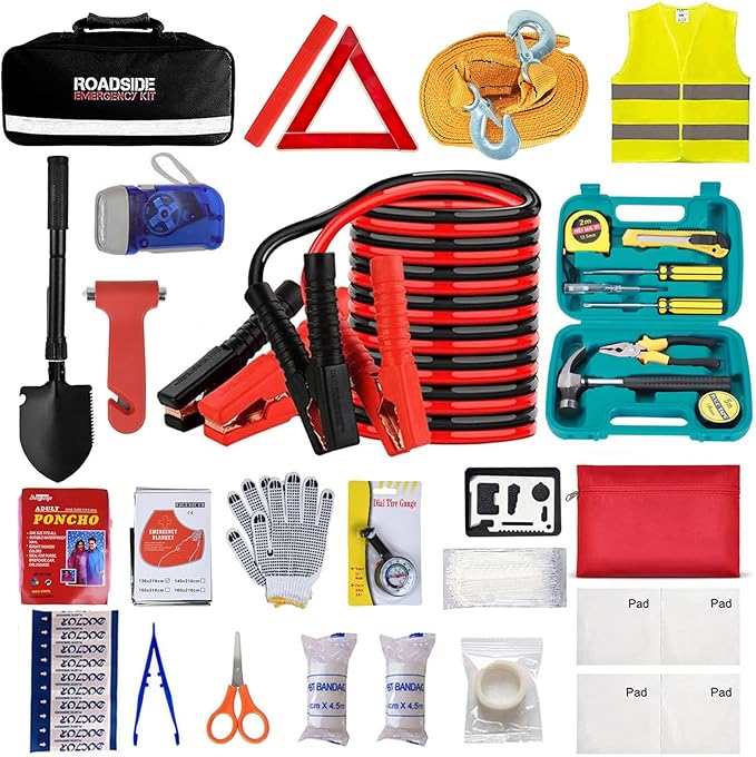 Car Emergency Roadside Tool Kit with Jumper Cable Shovel,Auto Truck Vehicle Assistant Safety Kit Bag for Men Women with Fi...