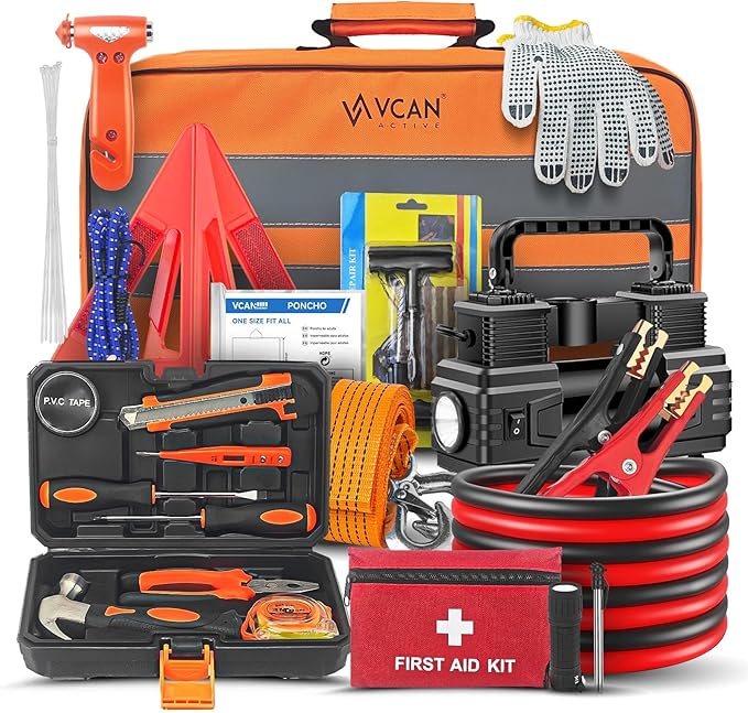 Car Emergency Kit with Portable Air Compressor, First Aid Kit, Jumper Cables, Roadside Safety Emergency Tool Kit for Wome...