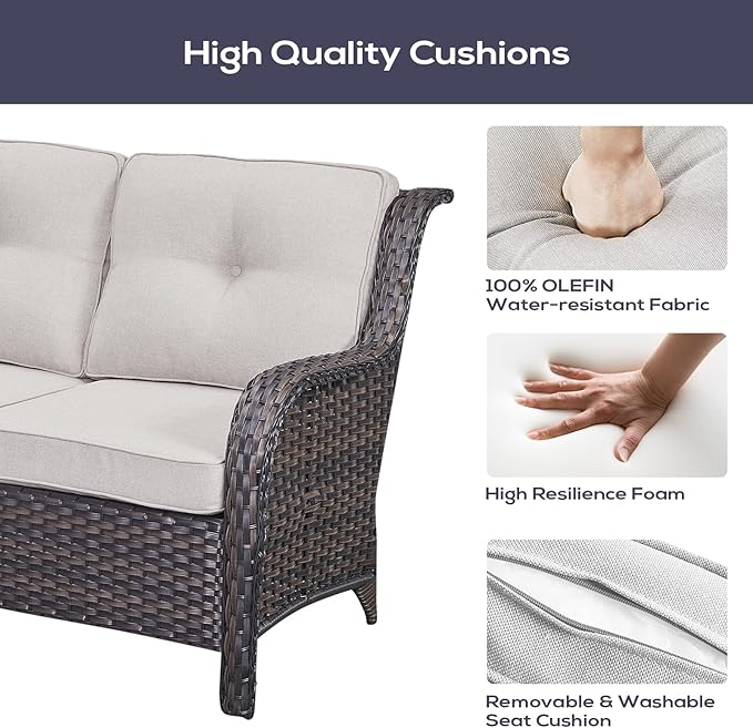 Outdoor Furniture Sectional Sofa L Shaped Couch - Patio Wicker Set with Coffee Table, 3 Piece Rattan Patio Conversation Sets with Beige Cushion for Deck Backyard Sunroom