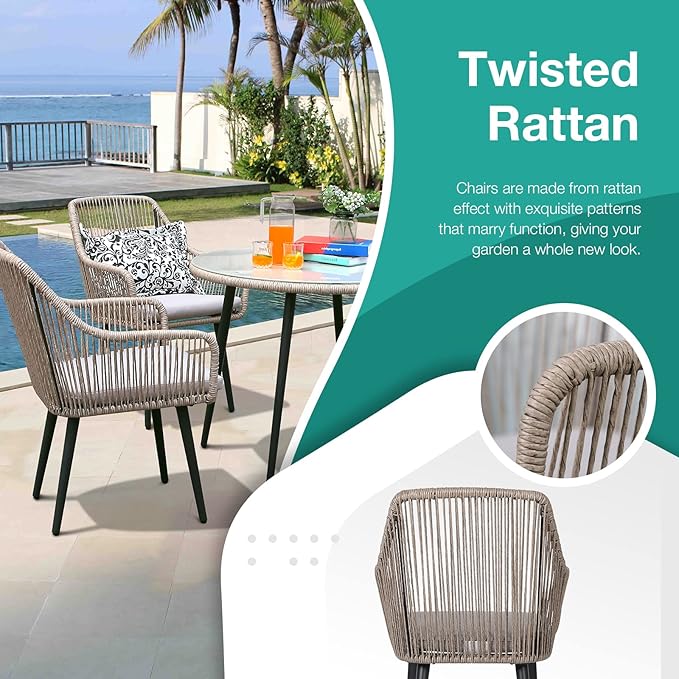 Patiorama Outdoor Dining Chairs, Patio Dining Chair Set of 4, All-Weather Woven Rope Rattan Chairs, Outdoor Dining Wicker Chairs with Armrests for Indoor Balcony Pool Backyard(Tan)