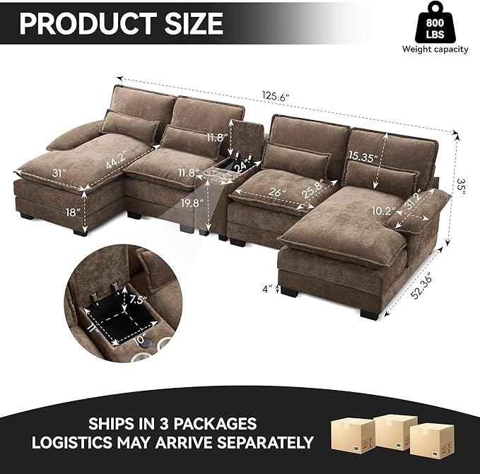 125" U Shaped Cloud Modular Sectional Couch for Living Room, Small Comfy Chenille Sofa with Double Chaise Lounge, Storage Central Console, Cup Holders, USB Port,Brown