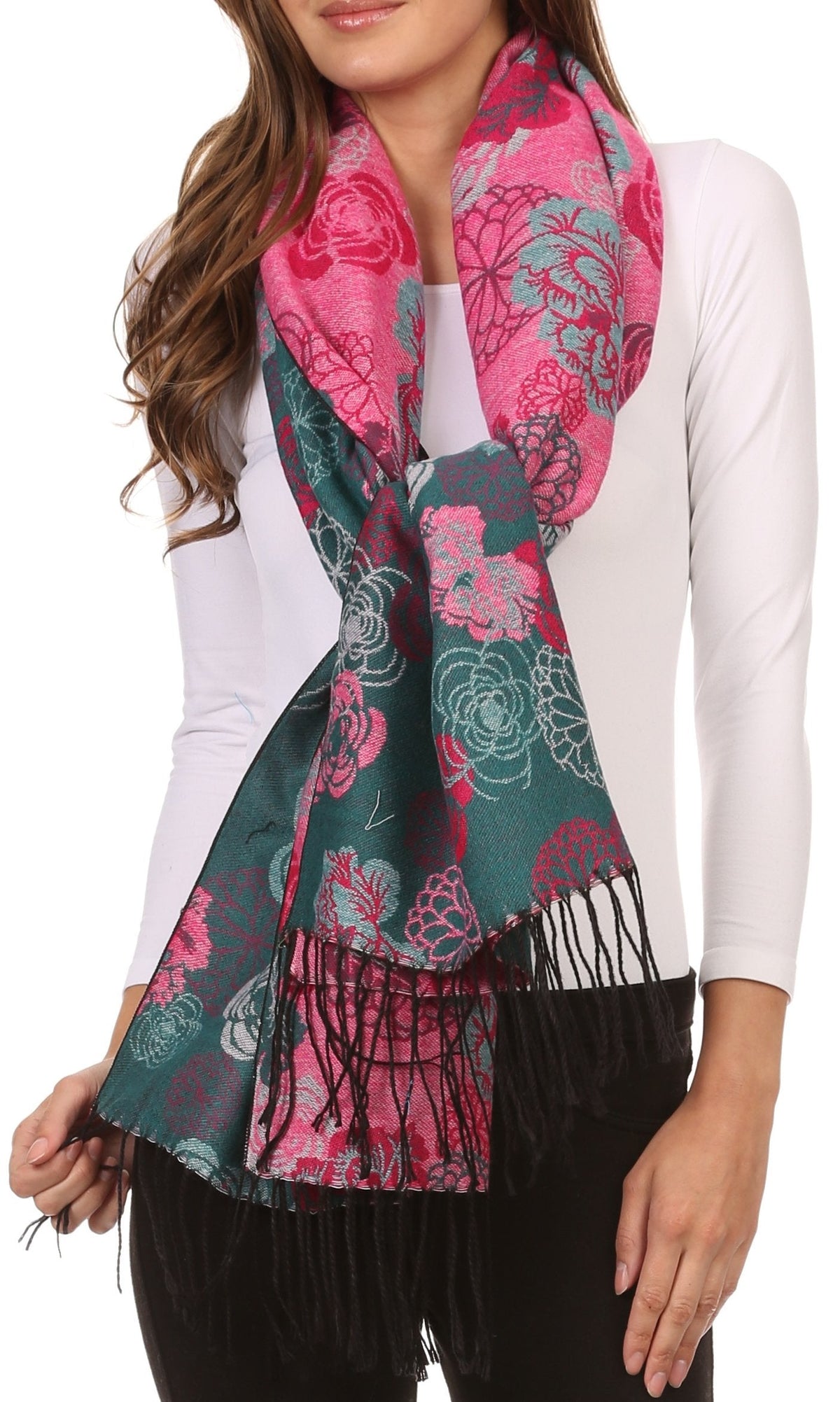 Sakkas CHS1810 - Ontario double layer floral Pashmina/Shawl/Wrap/Stole with fringe - 3-Teal - OS