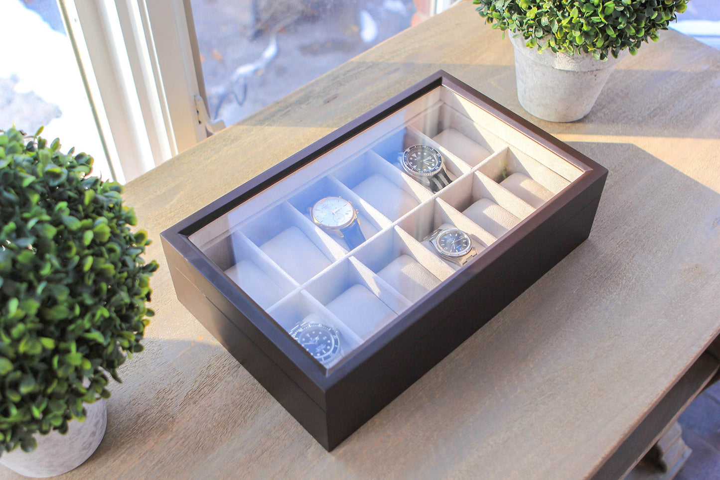 CASE ELEGANCE Solid Espresso 12 Slot Wood Watch Box Organizer with Glass Display Top