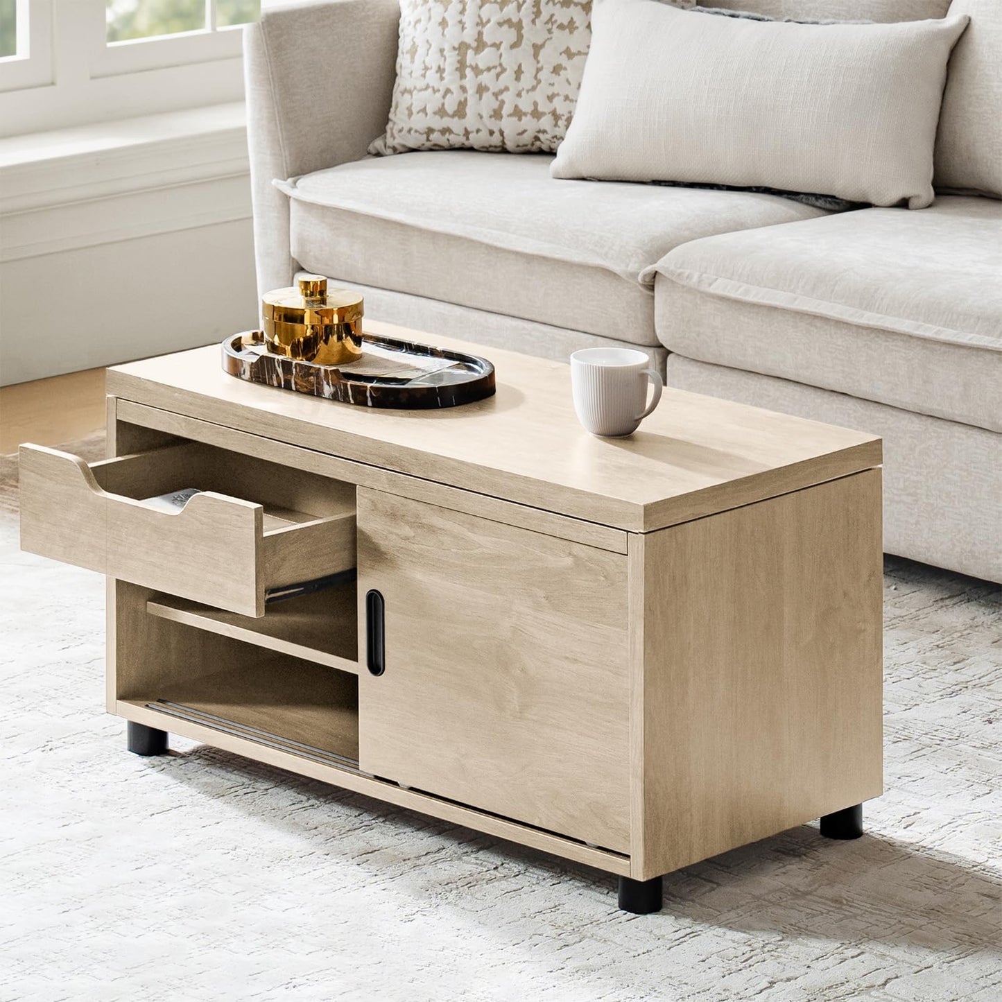 HULALA HOME Coffee Table with Storage, Modern Sofa Side Table with Modular Design, Rectangle Wood End Table with Adjustable Shelves, Natural