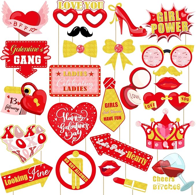 Happy Galentines Day Photo Booth Props Kit, 24 PCS Selfie Photo Booth Accessories with “Happy Valentine’s Day” Signs, Cute...