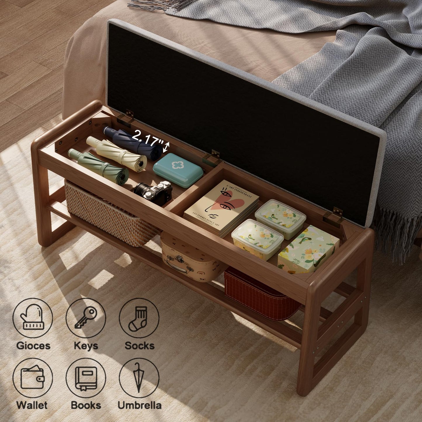 AQIMUELE Shoe Rack Bench with Cushion, 2 Tiers Shoe Bench with Flip-Top Storage,Wood Shoe Rack for Entryway,Hallway（Walnut,39.3"）