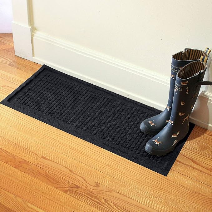 Bungalow Flooring Waterhog Indoor/Outdoor Boot Tray, 15 by 36 inches, Made in USA, Skid Resistant, Easy to Clean, Catches Water and Debris, Squares Pattern, Charcoal