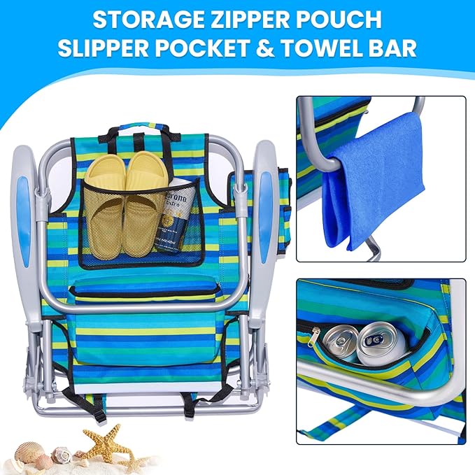 Canpsky Portable Beach Chair for Adults, Outdoor Camping Chair Lay Flat Folding Backpack Beach Reclining Chair with 5 Positions, Headrest, Cup Holder, Heavy Ocean Striped