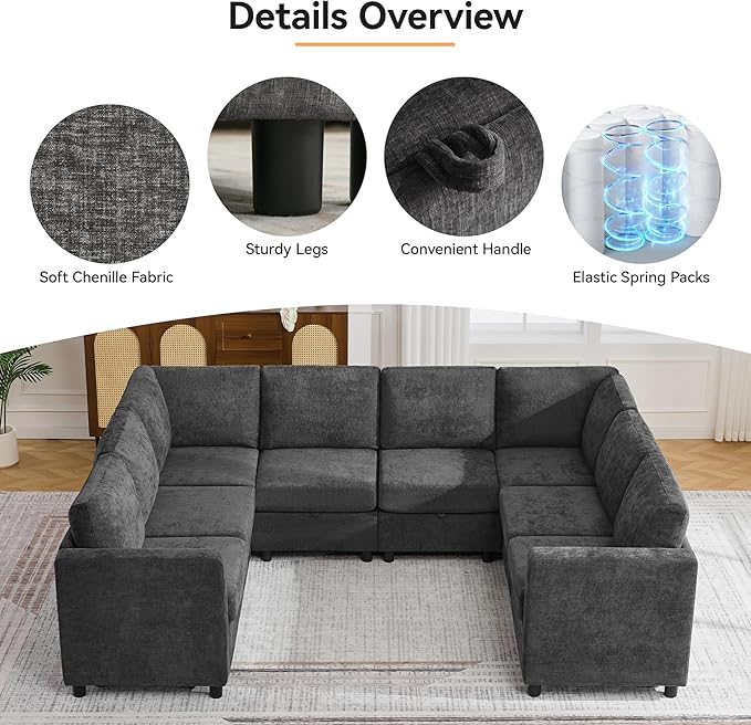 104'' U Shaped Modular Sofa, Sectional Couches with Storage for Living Room, Oversized 8 Seater Cloud Sectional Couch, Chenille Dark Grey