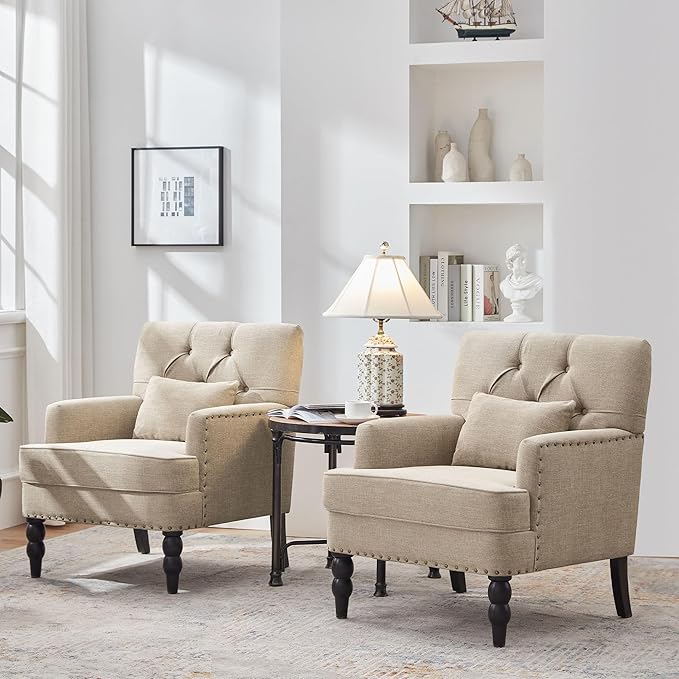 HUIMO Tufted Club Chair Set of 2 with Lumbar Pillow,Accent Chair Upholstered Button Armchair, Linen Fabric Sofa Chairs for Bedroom, Living Room, Mid Century Modern Reading Chair,Brown