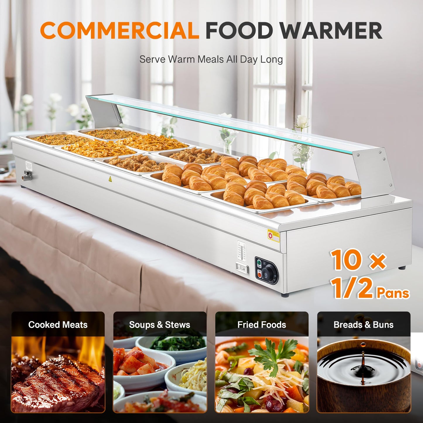 WILPREP 10-Pan Commercial Food Warmer with Sneeze Guard, Ten 1/2 Pans, 1500W Countertop Electric Warmer, 86-185°F Adjustable Temp Control, Stainless Steel Buffet Bain Marie
