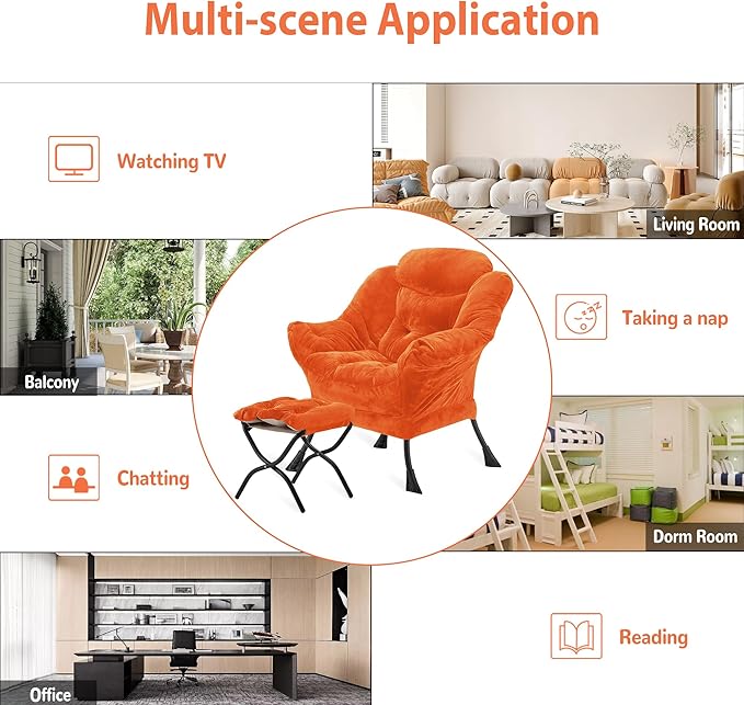 Youtanic Lazy Chair with Folding Ottoman, Accent Chair Plush Upholstered with Metal Structure and Non-Slip Pads, Sofa Armchair with Footrest and Side Storage Bag for Dorm, Room, Office, Orange
