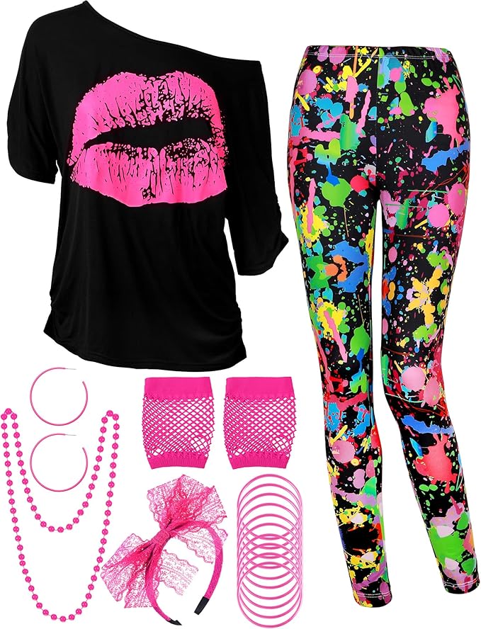 Blulu 80s Women Costume Set, Lips Print off Shoulder T-shirt, Geometric Legging Pants Earring Necklace Gloves Bracelet
