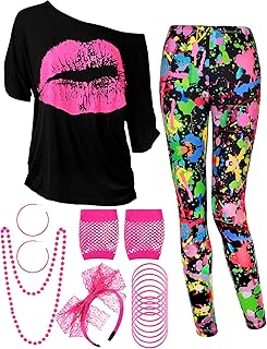 Blulu 80s Women Costume Set, Lips Print off Shoulder T-shirt, Geometric Legging Pants Earring Necklace Gloves Bracelet