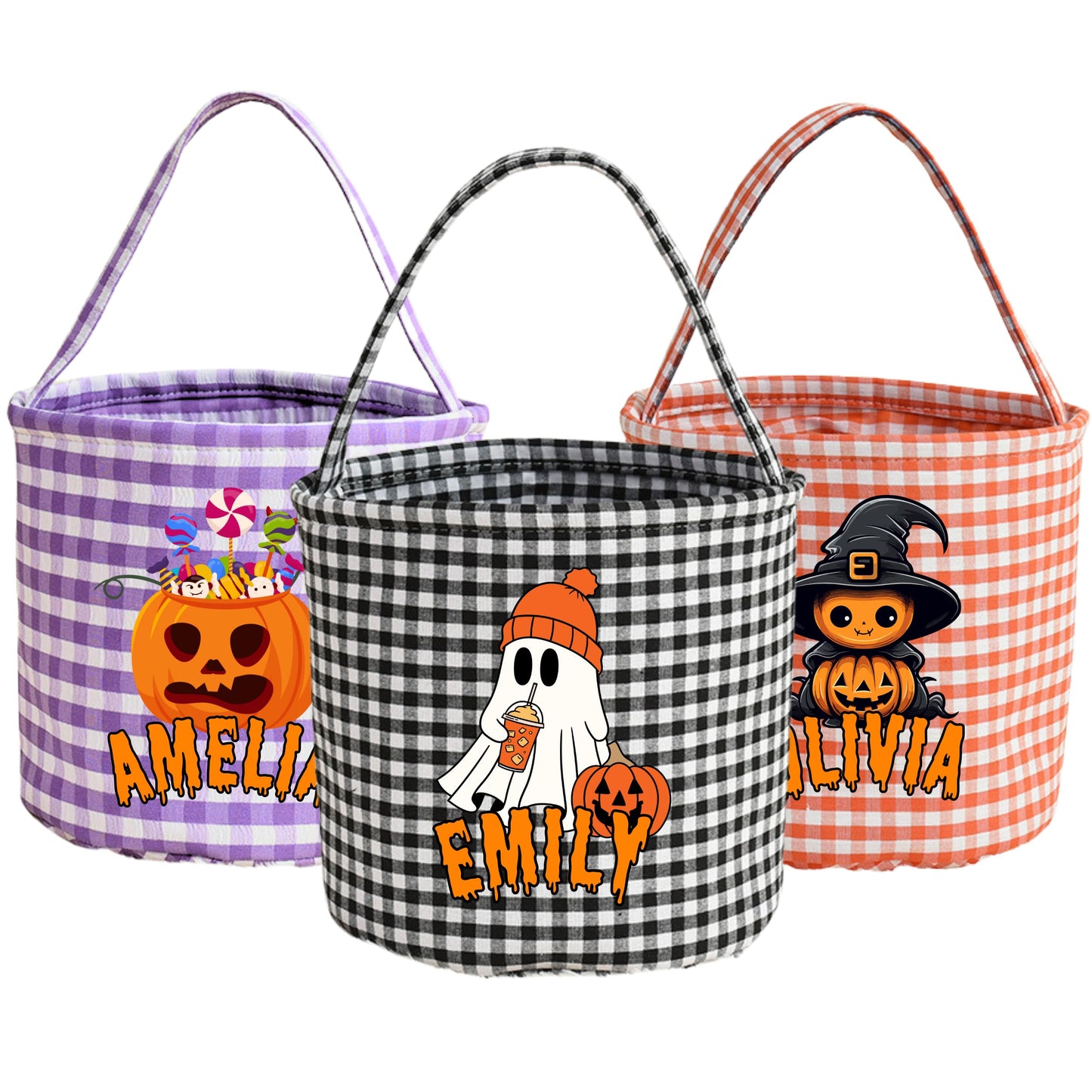 Personalized Halloween Basket,Trick or Treat Basket with Name,Custom Gingham Bag, Halloween Bucket Tote, Ghost Design Trick or Treat Bucket for Kids