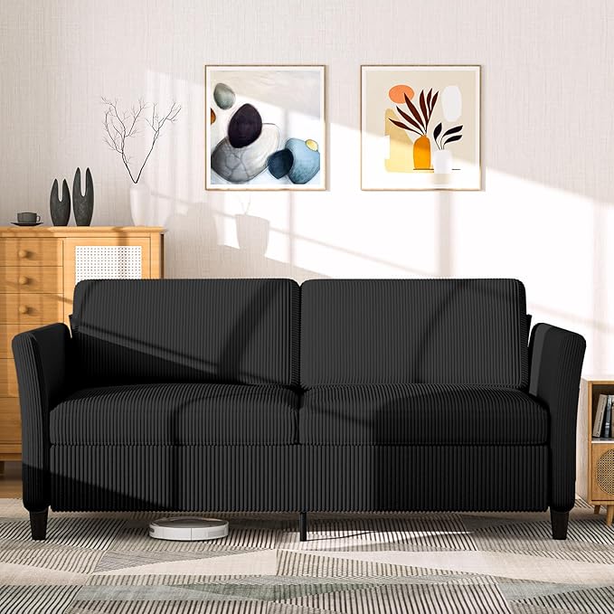 Valthie 79.1" Corduroy Loveseat Sofa, Modern Comfy Couches with Side Pocket, 3-Seater Sofa Couch for Living Room, Bedroom and Small Spaces,Black