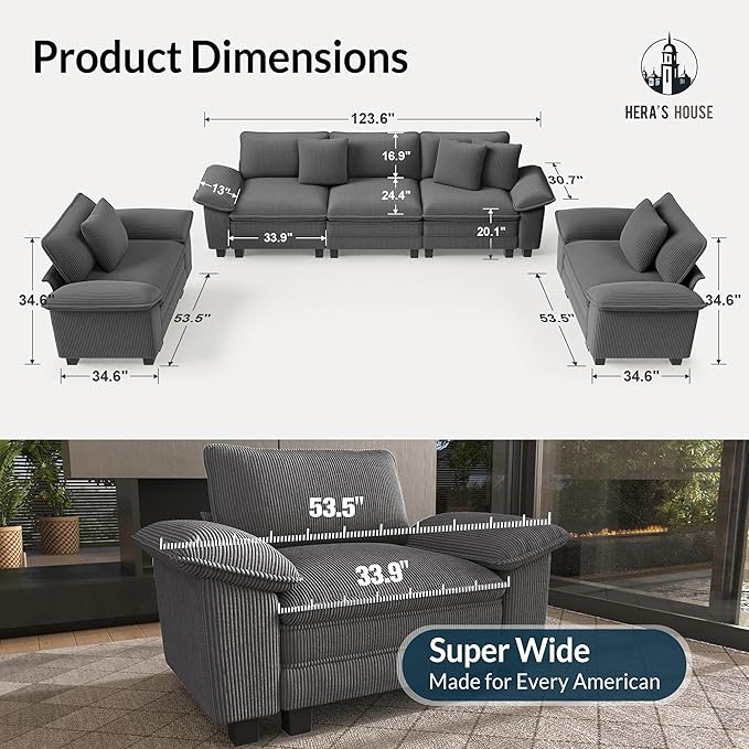 HERA'S HOUSE 3 Pieces Modular Sectional Sofa Sets, Oversized Couch Set with Loveseat and Armchairs, Comfy Cloud Couches with Throw Pillows, 5-Seater Deep Seat Sofa for Living Room, Corduroy Grey