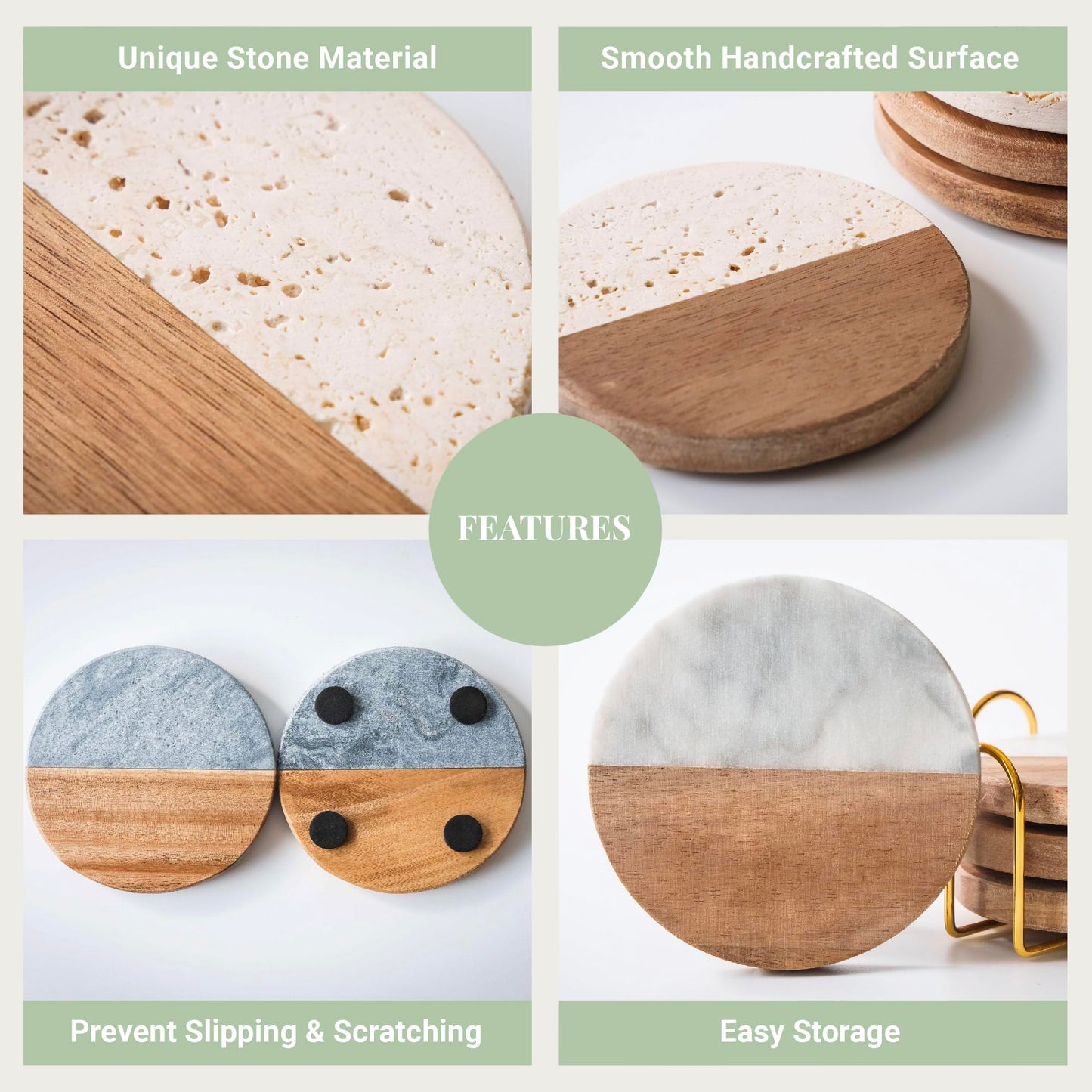 Custom Vibes Luxury Marble and Wood Coasters, Set of 4 with Gold Stand, Unique Décor Gift for Weddings, Engagements, and Anniversaries (Sea Spray)