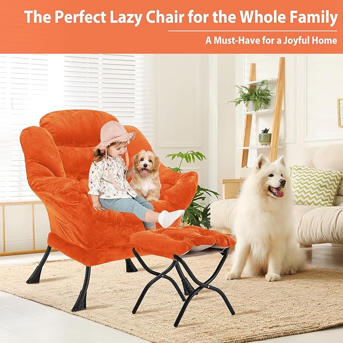Youtanic Lazy Chair with Folding Ottoman, Accent Chair Plush Upholstered with Metal Structure and Non-Slip Pads, Sofa Armchair with Footrest and Side Storage Bag for Dorm, Room, Office, Orange