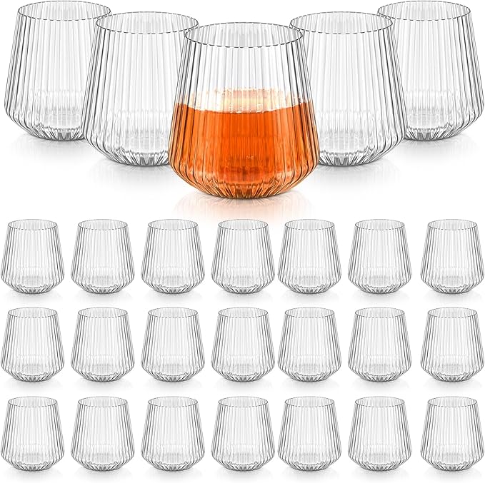 Denylo pro 25 Pcs 14 OZ Plastic Ribbed Wine Glasses Disposable Clear Wine Glasses Recyclable Shatterproof Reusable Plastic...